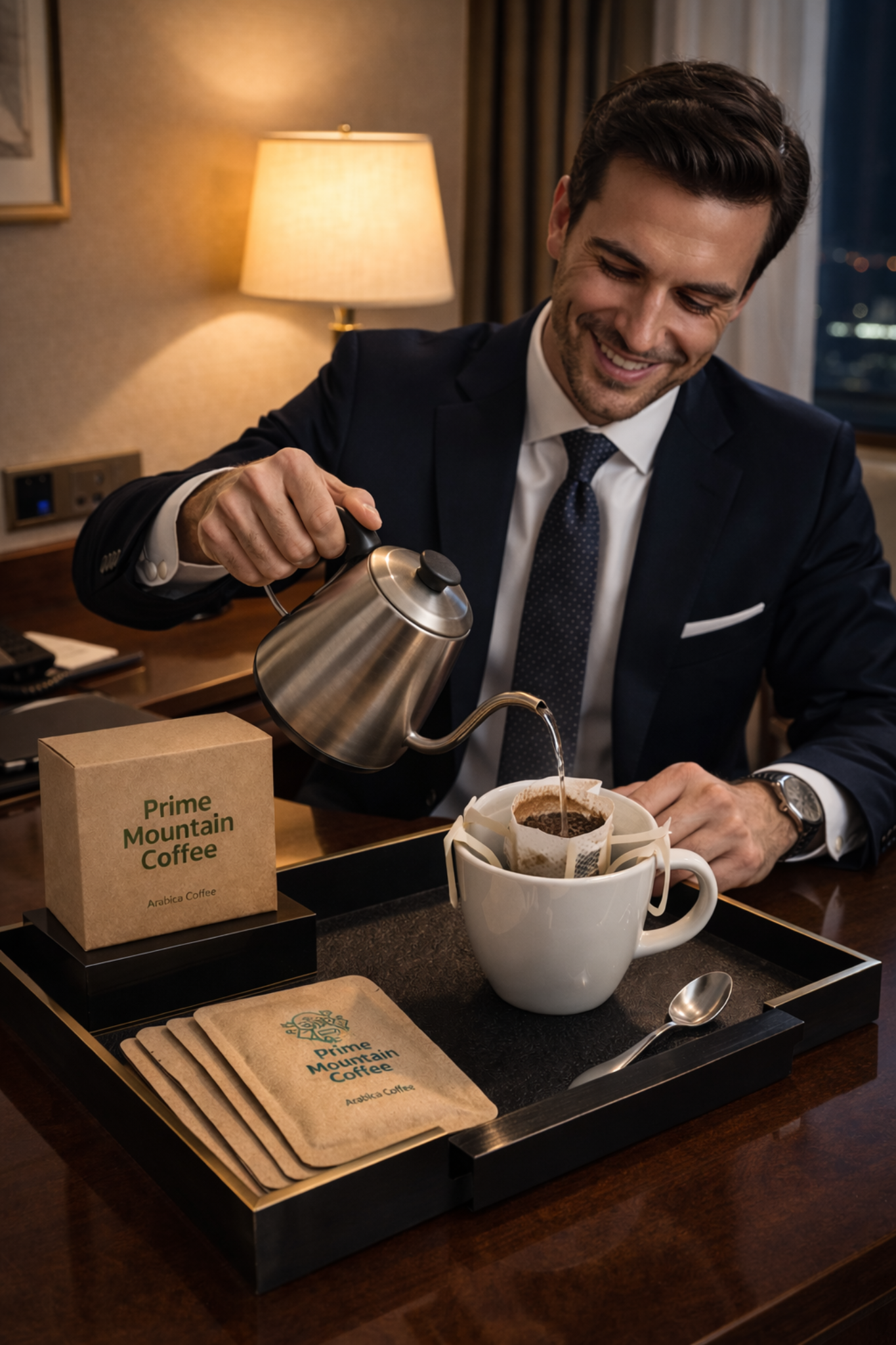 Business professional preparing Prime Mountain Coffee in a hotel room